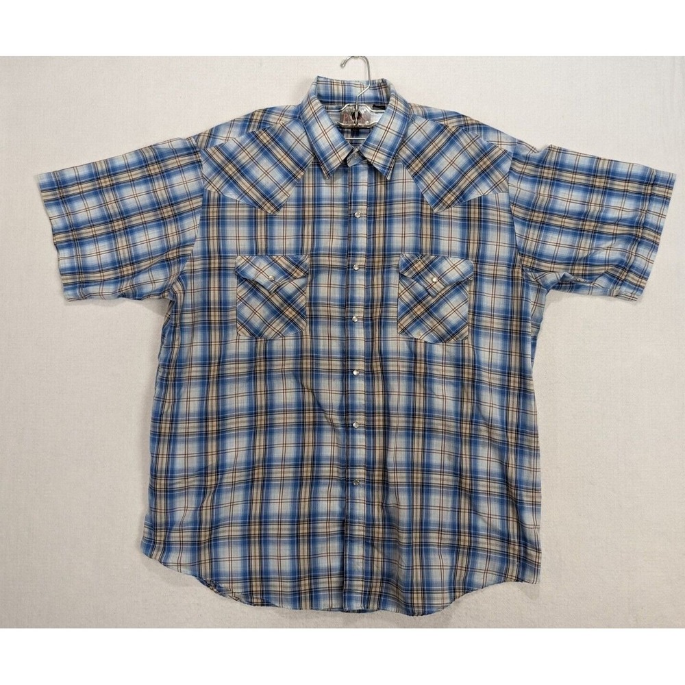 Plains‎ Western Wear Mens Shirt Size XL Short Sleeve Pearl Snap Polyester Blue